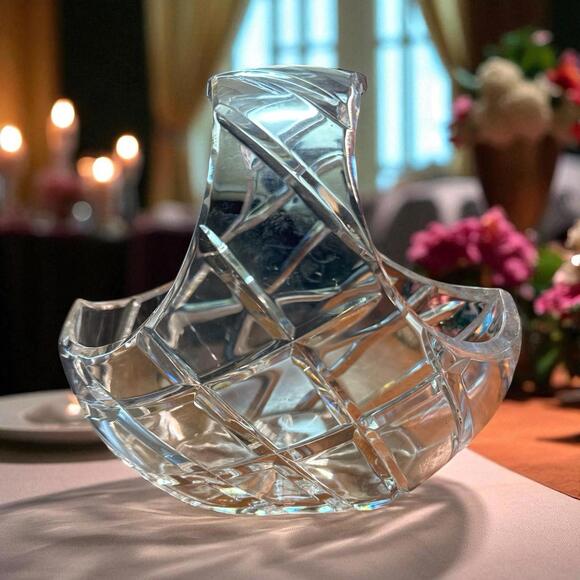 Other - Cross-Hatched Contemporary Lead Crystal Basket Heavy Bowl Criss Cross Pattern